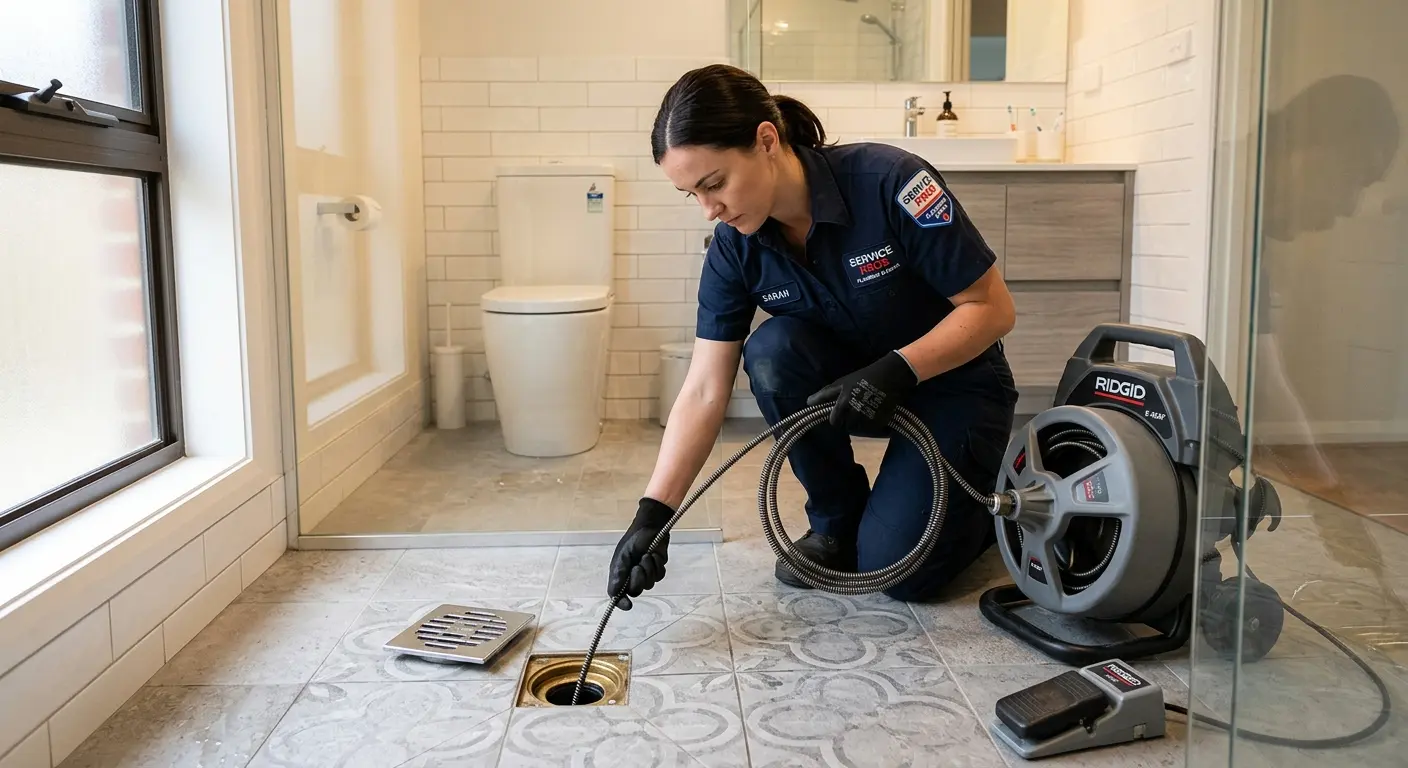 Technician clearing a bathroom floor drain for Clogged Drain Repair in Reston